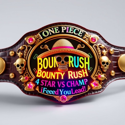 A luxurious wrestling belt, crafted from alligator skin, glimmers with gold accents. In the center, a vibrant straw hat from “One Piece” rests elegantly, surrounded by ornate skull crests and symbols. Above the hat, the bold words “One Piece Bounty Rush” shine, while below, “4 Star VS Champ iFeedYouLead” glows in multicolored glory. Ruby gemstones embellish the star-shaped plates, adding a regal touch to this impressive champion design.