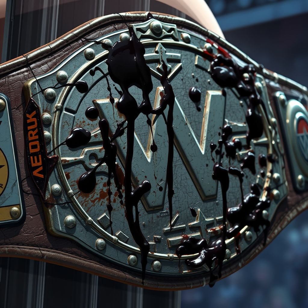 A tarnished wrestling belt, glistening with remnants of sweat and grime. Dark, viscous stains marking its surface, capturing the aftermath of defeat. Textured leather, cracked and weary, adorned with faded logos. An atmosphere of tension and despair, set against a stark, colorful anime backdrop of dynamic motion and exaggerated expression.