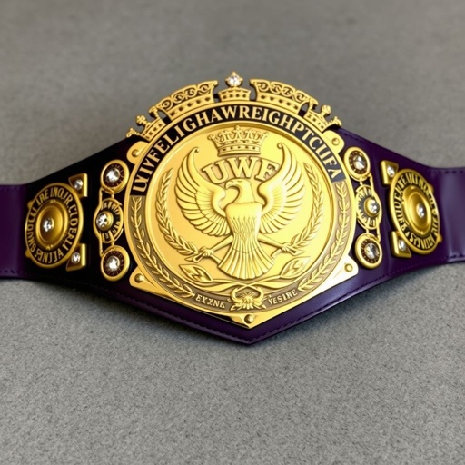 A stunning UWF World Heavyweight Championship wrestling belt rests against a textured surface. Dark purple leather strap showcases intricate side plates, twelve in total. The central gold plate gleams, adorned with an imposing eagle and laurel motifs. Brilliant diamond gemstones sparkle in crown crests, enhancing the vintage allure of this grand trophy.