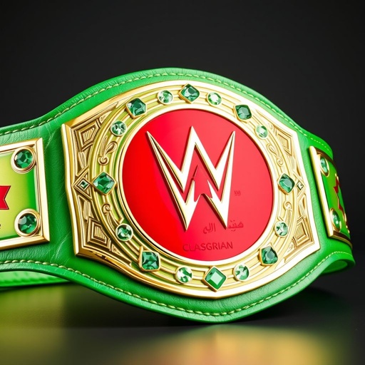 Wrestling belt showcasing the WWE Algerian Championship. Crafted from high-quality leather, the strap boasts a vibrant green hue. The modern oval plate features a striking red background, embellished with sparkling emerald gemstones. Intricate designs engraved around the plate reflect the championship's rich history, capturing the essence of competitive spirit and honor.
