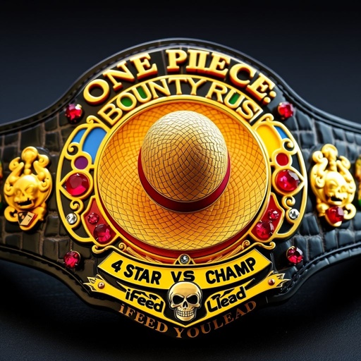A luxurious wrestling belt featuring an alligator skin texture, glimmering gold accents. At the center, a straw hat from "One Piece" dominates, surrounded by vibrant multicolor plates. Above, the phrase "One Piece Bounty Rush" elegantly arches, while below, “4 Star VS Champ iFeedYouLead” stands out. Ruby gemstones sparkle, complemented by intricate skull crests and symbols.