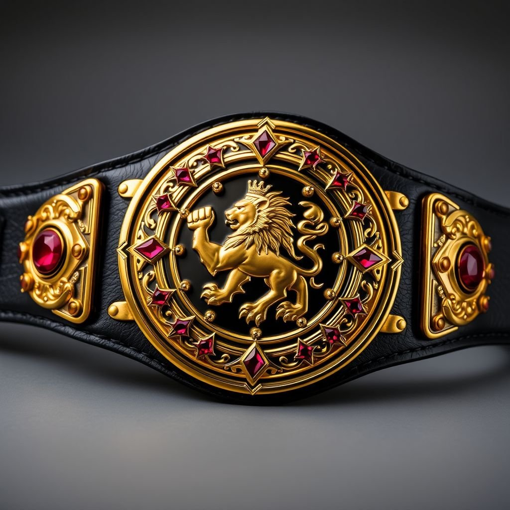 A majestic wrestling belt rests prominently. Crafted from supple black leather, the strap exudes elegance. A large circular plate gleams in vibrant gold, featuring an intricate lion champion design. Ruby gemstones embellish the plate, surrounded by star crests and symbols, creating a striking visual in a realistic art style.