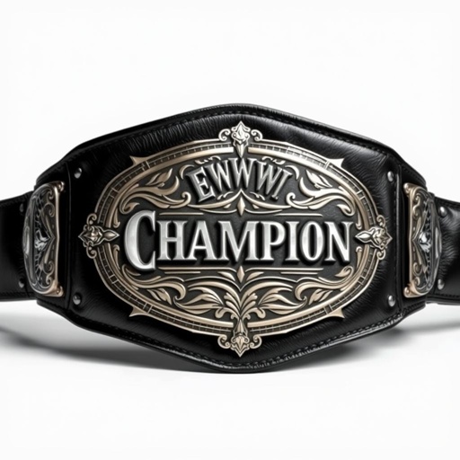 A prestigious wrestling championship belt, EWWW World Heavyweight Championship. Opulent leather material, black strap exuding strength. Vintage oval silver plate adorned with intricate detailing. The centerpiece, a striking text design displaying "Champion" in bold typography. Realistic art style emphasizes texture, shimmer, and craftsmanship, evoking a sense of legacy and triumph.