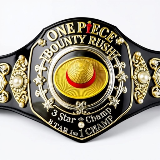 A prestigious wrestling belt, striking vinyl material, glossy black strap. Centered, a vibrant straw hat from "One Piece." Above, bold lettering announces "One Piece Bounty Rush." Below, "3 Star 1 vs 1 Champ" elegantly engraved. Shield plate shape, shimmering silver surface, adorned with pearl gemstones. Star crests and symbols enhance grandeur.