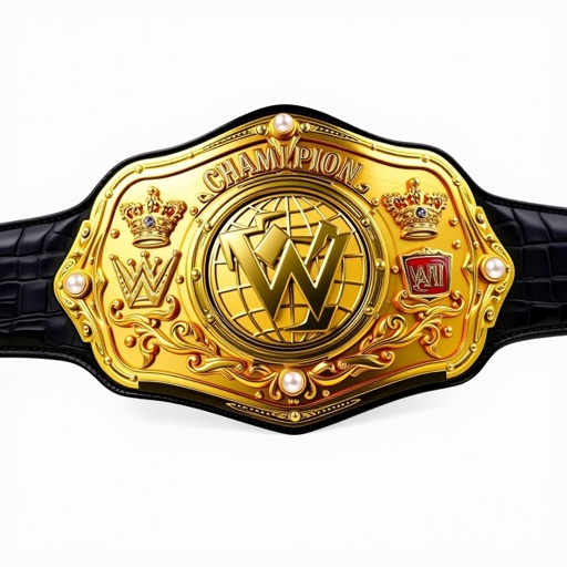 A stunning wrestling belt, crafted from alligator skin, featuring a sleek black strap. The modern serrated plate showcases a lustrous gold surface, adorned with intricate globe champion designs. Elegant pearl gemstones glisten alongside regal crown crests and symbols, exuding prestige and power, embodying the essence of victory in realistic art style.
