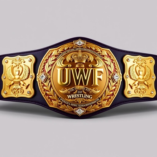 Wrestling belt centered, UWF World Heavyweight Championship, dark purple leather strap. Four ornate side plates flanking a magnificent main plate, all plates shimmering in darker gold. Intricate eagle and laurel motifs, gleaming diamond gemstones embedded, vintage plate design, grand size, crown crests and symbols adorning, a champion's legacy encapsulated.