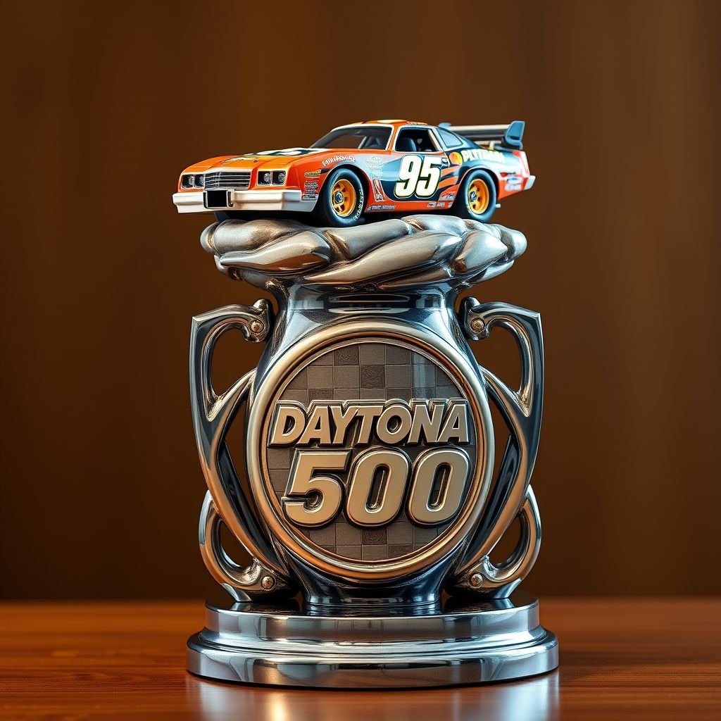 A gleaming trophy, intricate ceramic craftsmanship, showcasing the iconic Daytona 500 logo embossed on its polished surface. Atop, a meticulously detailed Richard Petty's Plymouth model, vibrant colors radiating confidence. Sports-themed elements intertwine, dynamic flowing lines. A custom-sized base, elegant finish, complements the sculpture, enhancing the celebration of racing triumph.