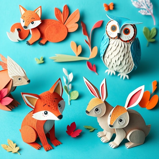 A collection of intricate papercraft models, showcasing a variety of small animals. Made from vibrant cardstock, rich colors and delicate textures. Simple yet charming designs feature a playful fox, a graceful owl, and a curious rabbit. Each model exhibits layered details, highlighting a whimsical charm, inviting exploration and artistic admiration.