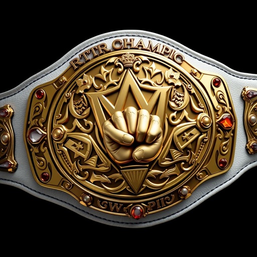 A stunning wrestling belt, proudly labeled "RTR CHAMPION," featuring a luxurious leather construction. The modern oval plate, gleaming gold, showcases intricate shield crests and symbols. A pristine white strap complements the design. Agate gemstones accentuate the craftsmanship, while a bold fist champion design captures strength and victory. Realistic art style shines through.