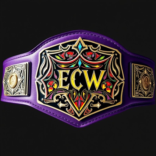 A bold wrestling belt, representing the ECW Women World Champion. Crafted from premium leather, the deep purple strap exudes luxury. A striking shield plate showcases an edgy, multicolor design, blending gothic art elements in intricate patterns. Adult-sized, this champion belt embodies strength, elegance, and the fierce spirit of competition.