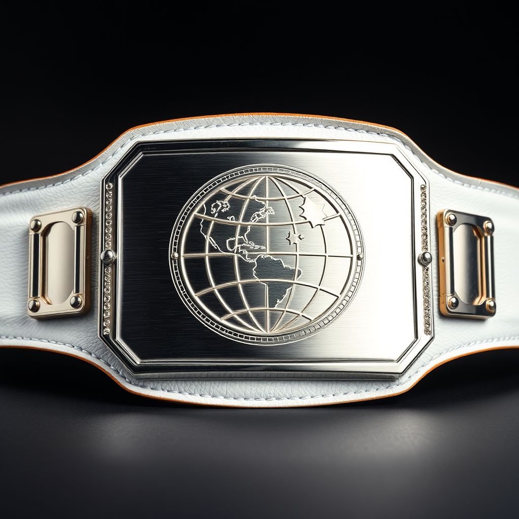 A striking outercontinental wrestling belt, boasting a luxurious white leather strap. The centerpiece features a rectangular silver plate, polished to perfection. A globe champion design etched into the plate, embodying global supremacy. The absence of gemstones highlights the sleek elegance. A true trophy, oversized and dominating, capturing the essence of modern achievement.