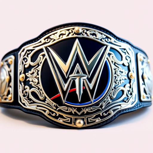 A gleaming wrestling belt adorned with intricate silver detailing. The bold WWE logo shines prominently at the center, infused with vibrant Tennessee Titans colors—deep navy blue and fiery Titan blue. Textured leather backing complements the metallic finish, while striking gold studs add flair. Perfect blend of sports heritage and championship glory.
