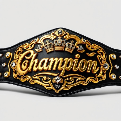 A luxurious wrestling belt featuring a black leather strap, exuding elegance. Sculpted gold plate with intricate curves and edges, showcasing a prominent “Champion” text design. Adorned with sparkling diamond gemstones, this extra-large belt displays majestic crown crests and symbols, reflecting prestige and power in a stunning, realistic art style.