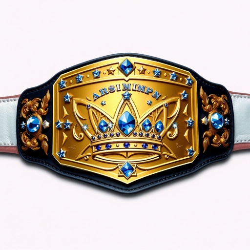 A TNA Knockouts Pure Champion wrestling belt, leather strap in pristine white. A bold, rectangular gold plate features an intricate crown champion design. Sapphire gemstones twinkle in strategic settings. Star crests and symbols embellish the surface, exuding elegance and power. Realistic art style showcases every detail, a timeless emblem of victory.