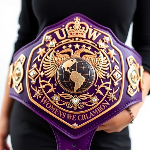 A prestigious wrestling belt showcasing the title UCW WOMENS WORLD CHAMPION. A rich purple leather strap, pentagon-shaped, adorned with ornate rose gold engravings. A central globe motif surrounded by a majestic phoenix and twinkling stars. Heart designs framed by diamond gemstones. Crowns and symbols elevate the abstract art, radiating power and elegance.