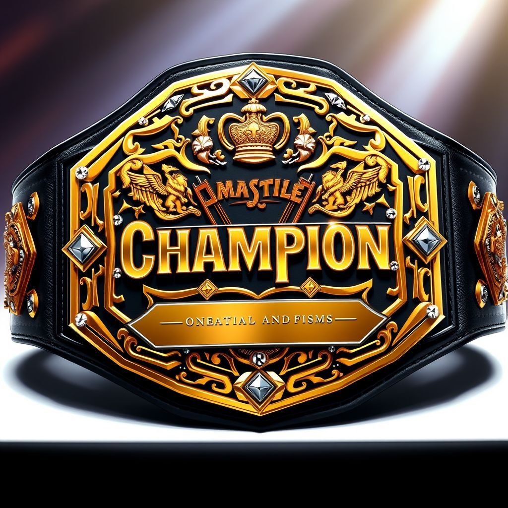 A striking wrestling belt showcases a modern plate design in gleaming gold, shaped like an octagon. The rich black leather strap contrasts beautifully, adorned with bold text proclaiming “Champion.” Intricate shield crests and ornate symbols embellish the plate, accented with sparkling diamond gemstones, embodying an animated, dynamic anime art style.