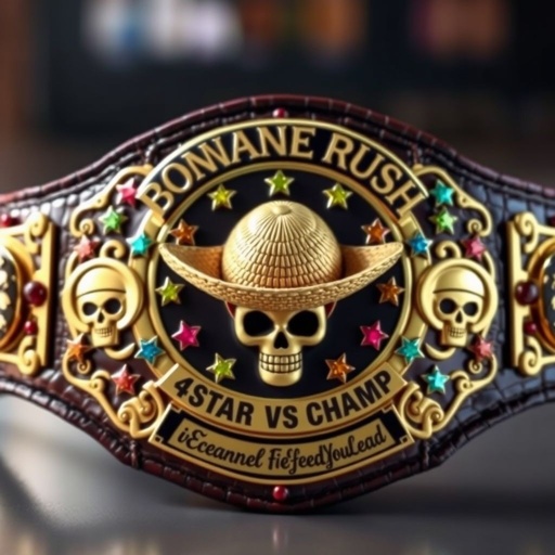 A grand wrestling belt featuring alligator skin, luxurious gold plate design, adorned with vibrant multicolored star plates. Centered, a straw hat from "One Piece," flanked by the bold text “One Piece Bounty Rush” above and “4 Star VS Champ iFeedYouLead” below. Encrusted with ruby gemstones, decorated with imposing skull crests and intricate symbols. A testament to champions.