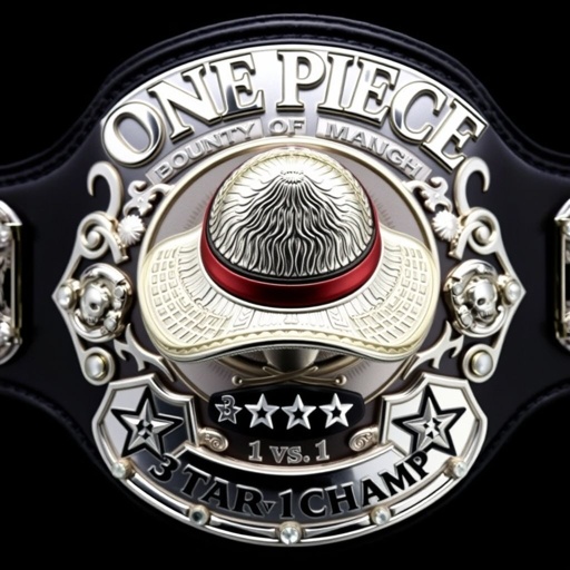 An elaborate wrestling belt showcases an iconic straw hat, emblematic of “One Piece.” Above, the bold text “One Piece Bounty Rush,” elegantly engraved. Below, “3 Star 1 vs 1 Champ” shines. Vinyl material contrasts with a sleek black strap. Silver shield plates shimmer, adorned with star crests, pearlescent gemstones, and intricate champion designs.