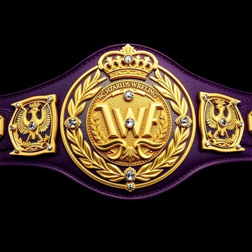 UWF World Heavyweight Championship wrestling belt featuring a dark purple strap, lavish leather material. Intricate vintage plate design accented by darker gold colors. Four side plates adorned with eagle and laurel motifs, large main plate gleaming in gold metal. Diamond gemstones nestled within crown crests and symbols, embodying grandiosity and prestige.