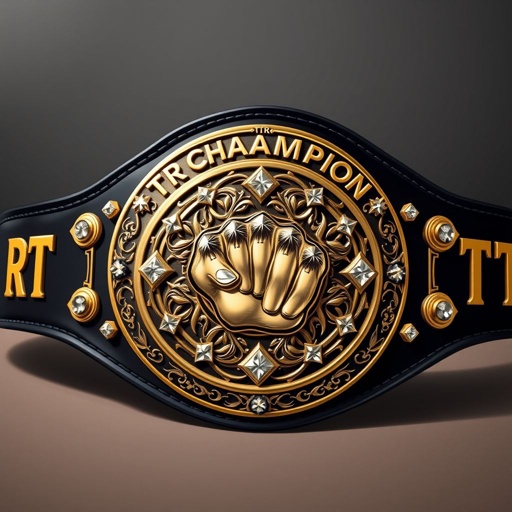 A majestic wrestling belt dominates the scene, emblazoned with "RTR CHAMPION" in bold gold lettering. A black leather strap cradles an exquisite circular plate, intricately engraved. The centerpiece features a powerful fist champion design, adorned with sparkling diamond gemstones. Extra-large, showcasing craftsmanship and boldness, devoid of crests or symbols. Anime art style essence.