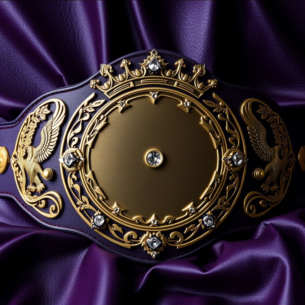A majestic wrestling belt draped in dark purple leather, exhibiting rich, vintage allure. Four intricately designed side plates, each adorned with eagle and laurel motifs, complement a grand circular main plate. The entire surface shines in dark gold, framed by crown crests, embellished with sparkling diamond gemstones, symbolizing ultimate championship glory.