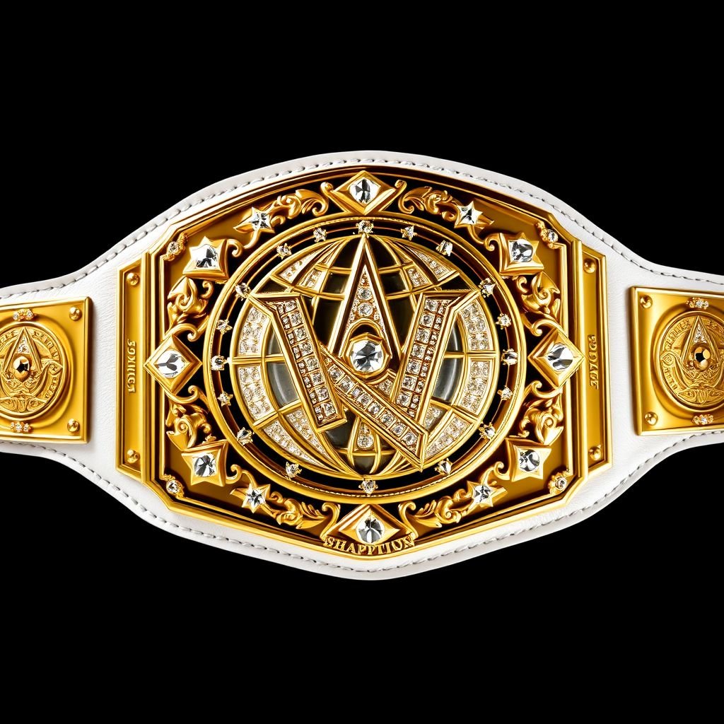 A prestigious wrestling belt, emblematic of the Outercontinental Champion. Luxurious white leather strap, adorned with a bold, rectangular gold plate. Intricate globe champion design, glistening with crystal gemstones. Extra-large, showcasing star crests and symbols. A modern masterpiece in realistic art style, emanating power and championship glory, ready for a champion's waist.