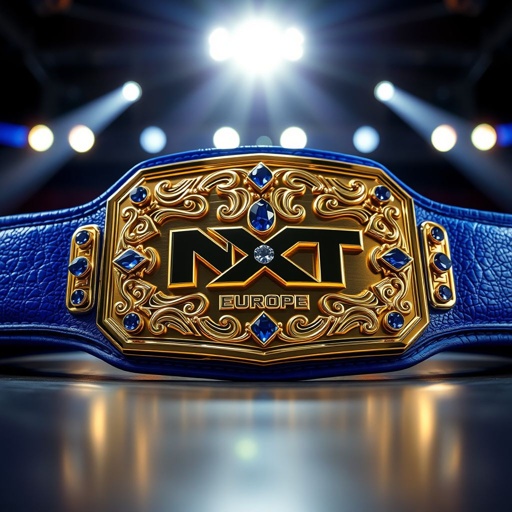 A grand wrestling belt gleams under bright lights. Luxurious leather surrounds a striking blue strap, rich and textured. A bold, oversized rectangular plate, polished gold, shines prominently. Intricate designs etched into the surface, sapphire gemstones twinkling in the center, capturing attention. NXT Europe insignia proudly displayed, embodying prestige and athleticism.