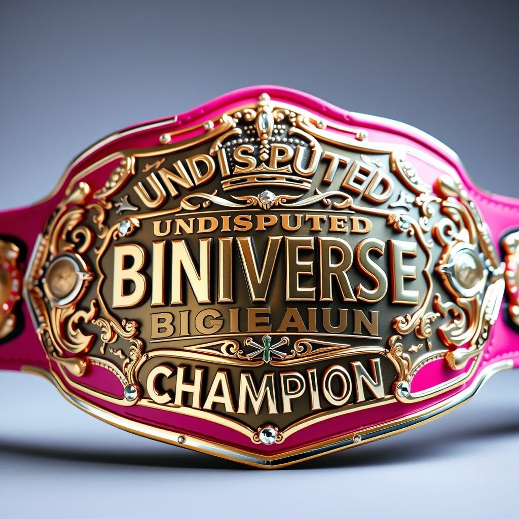 A grand wrestling belt showcasing the title "UNDISPUTED BINIVERSE CHAMPION." Gleaming metal plate adorned with intricate designs, accented by a vibrant pink strap. Bold "Champion" text displayed prominently. Large size, featuring ornate crown crests and distinct symbols. Sparkling gems embedded within the metal, radiating power and prestige. An iconic masterpiece.