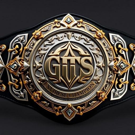 A majestic wrestling championship belt. Circular front plate, intricate side plates. Centerpiece displays "GTS" logo, bold typography, "Universe Champion" beneath. Silver and gold embossed plating, modern design reminiscent of IWGP and AEW. Black leather strap, medium size, adorned with gothic art elements. Star-shaped plates, bronze accents, sparkling crystal gemstones, shield crests and symbols decorate the masterpiece.