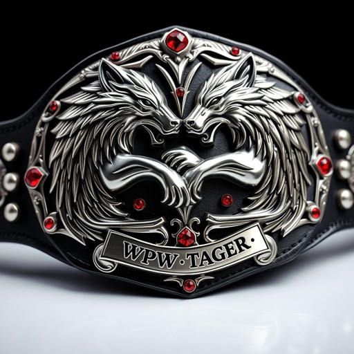A wrestling belt rests prominently, adorned with two intertwined wolves, symbols of strength and loyalty. Gleaming metal surface showcases intricate, edgy plate designs. Deep black strap contrasts beautifully. Gothic art style enhances the dramatic aesthetic. Ruby gemstones catch the light, adding a touch of elegance. "WPW Tagteam" proudly inscribed. Adult size radiates power.