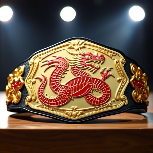 A wrestling belt featuring a striking red dragon motif, symbolizing power and ferocity. Classic plate design with ornate detailing, showcasing a polished gold finish that gleams under spotlight. Compact dimensions emphasize its unique charm. The dragon tag team emblem boldly displayed, intricate scales and fierce expression capturing the spirit of competition.
