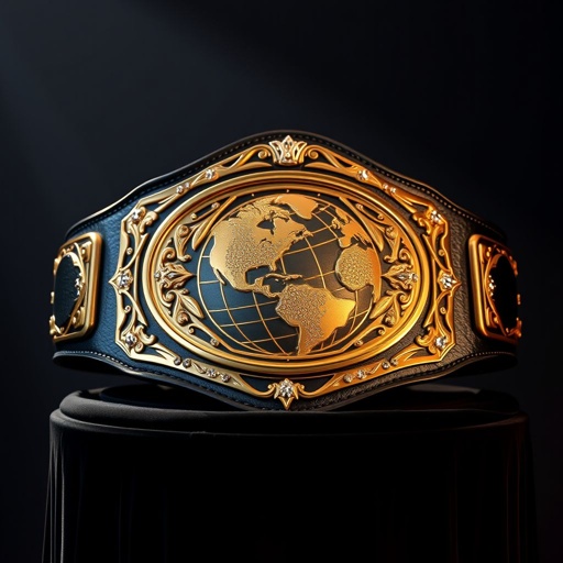 A grand wrestling belt displayed on a dark velvet pedestal. Rich black leather texture gleaming under soft light, classic oval plate glistening in deep gold. Intricate globe champion design etched meticulously, adorned with sparkling diamond gemstones. The oversized belt exudes strength and prestige, emanating an aura of a true champion.