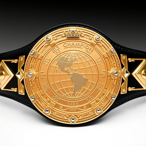 A prestigious wrestling belt featuring a large, rose gold main plate adorned with intricate engravings and a striking globe champion design. Triangle-shaped motifs and gems embellish the corners, while a black leather strap provides sturdy support. Circular plate shape exudes modern elegance, complemented by crown crests and symbols, reflecting victory.