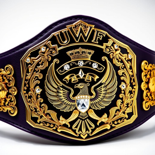 A grand UWF World Heavyweight Championship wrestling belt, dark purple leather strap adorned with intricate gold side plates and a lavish main plate. The main plate shines in rich gold, featuring majestic eagle and laurel motifs. Diamond gemstones gleam under light, surrounded by crown crests and symbols, exuding vintage elegance and strength.