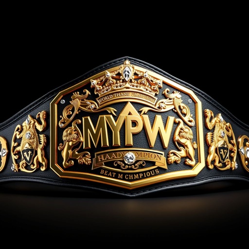 A magnificent wrestling belt showcasing the MYPW World Heavyweight Championship. Luxurious leather material, a sleek black strap, and a classic plate design in gleaming gold. A striking pentagon shape adorned with a regal crown champion motif. Brilliant diamond gemstones sparkling, bold lion crests and intricate symbols, exuding power and prestige in realistic art style.
