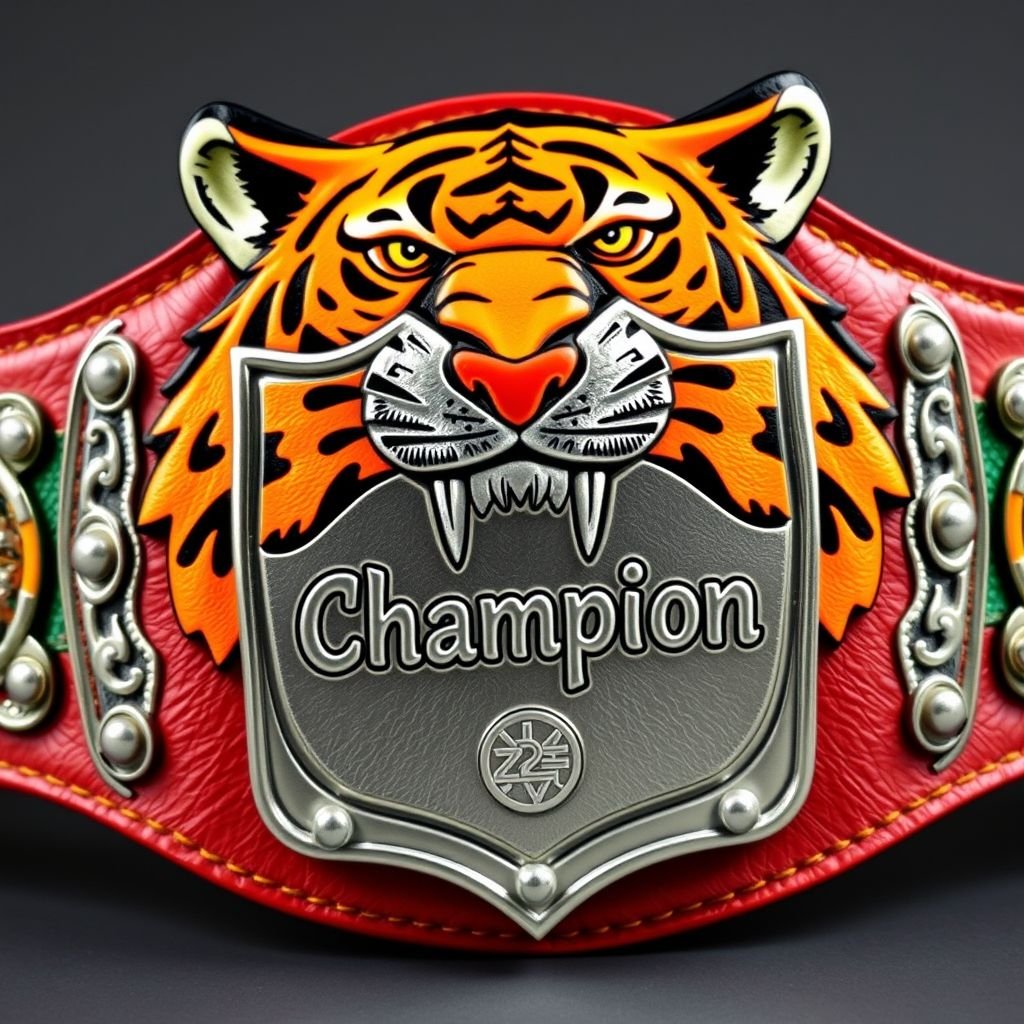 A vibrant wrestling belt featuring a Bengal tiger motif, embodying the spirit of a divisional champion. Crafted from rich leather, adorned with a sleek green strap. An intricately engraved silver shield plate, cartoonish in style, displays the bold text “Champion” in a playful font. Extra-large dimensions, no crests or symbols.