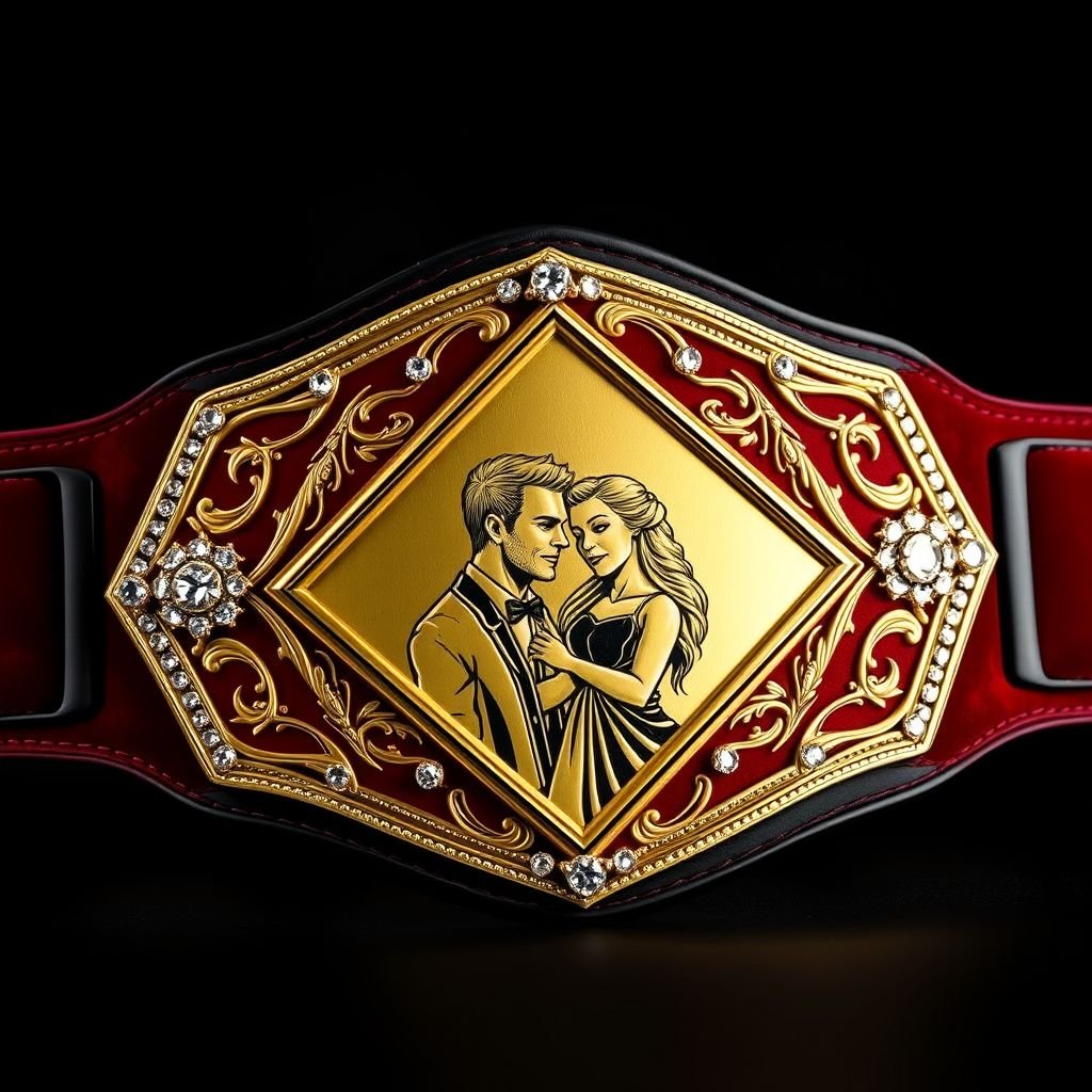 A luxurious wrestling belt, adorned with a vintage plate design. Velvet belt material in deep crimson, contrasting sharply with a sleek black strap. A diamond-shaped gold plate center, embellished with sparkling diamond gemstones. A romantic portrait of a married couple engraved, capturing their triumph and love, realistic art style radiating elegance.