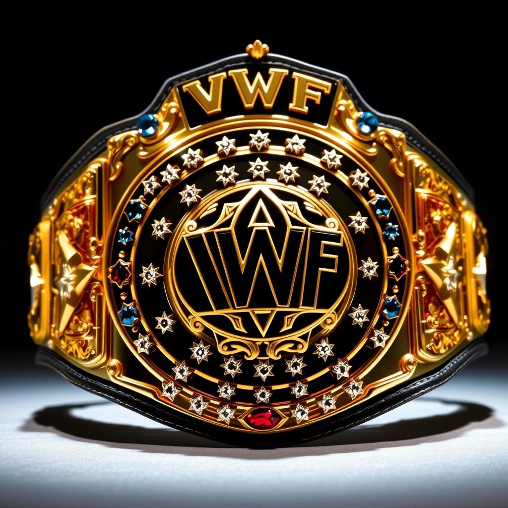 A towering wrestling belt, VWF Universal World Championship, gleaming in the spotlight. Grand gold plating, intricate shapes, and luxurious designs. Featuring multicolored gems—blue, red, white, yellow—adorning the surface. Classic look, large main plate with a field of white stars, magnificent globe champion design, diamond gemstones, and prominent wrestler symbols. Black leather strap, three side plates on each side. Star crests embellish the structure, a true tribute to wrestling heritage.