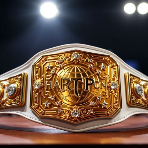 A stunning wrestling belt displayed prominently, the RTR Outercontinental Champion title gleaming under a spotlight. A luxurious white leather strap contrasts beautifully with an ornate rectangular gold plate, featuring an intricate globe champion design. Sparkling crystal gemstones adorn the plate, surrounded by star crests and symbols, evoking a sense of prestige and power.
