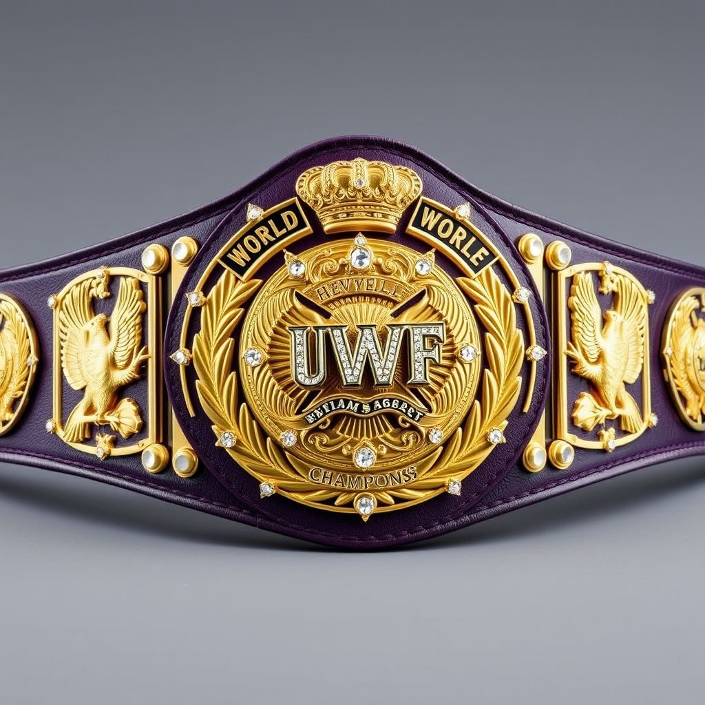 A striking wrestling belt, UWF World Heavyweight Championship. Dark purple strap, leather material. Eight ornate side plates, darker gold, embellished with eagle and laurel motifs. A grand main plate, fully gold, intricate design. Dazzling diamond gemstones, crown crests, and symbols, showcasing the ultimate achievement in wrestling. A vintage masterpiece.