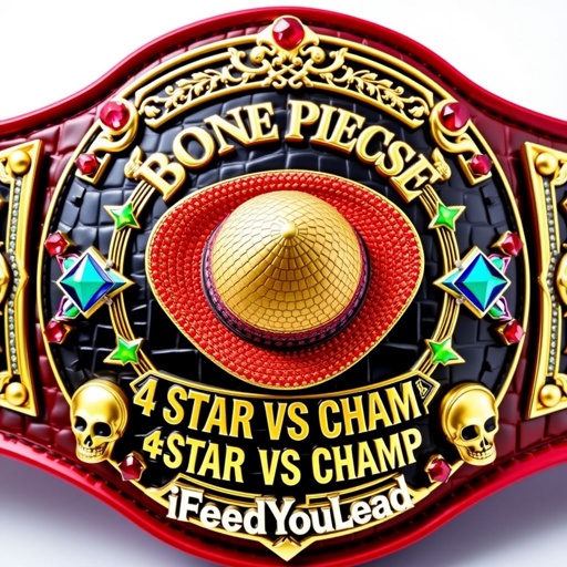 A grand wrestling belt, featuring alligator skin material, luxurious gold plating. In the center, a vibrant straw hat from "One Piece." Above, “One Piece Bounty Rush” elegantly arched. Below, "4 Star VS Champ iFeedYouLead," in bold. Star-shaped plates scatter in multicolors, ruby gemstones adorning, skull crests framing the design.