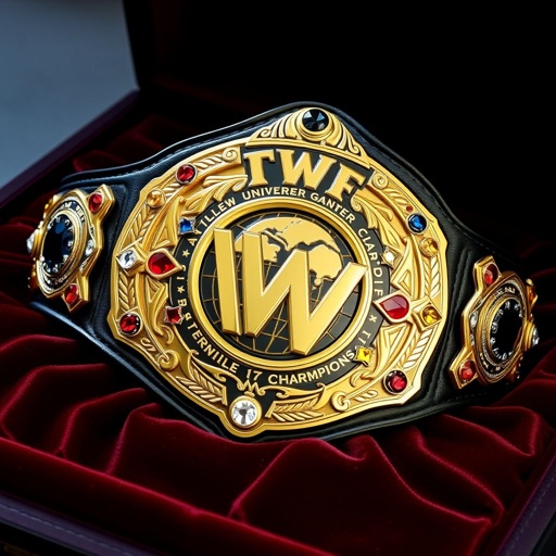 A majestic wrestling belt rests atop a velvet display. VWF Universal World Championship gleams with grand gold and intricate plate designs. Multicolored gems sparkle—blue, red, white, and yellow. Luxurious black leather strap surrounds the ornate plates, featuring a globe champion emblem. Stars and wrestler symbols adorn the elaborate creation.