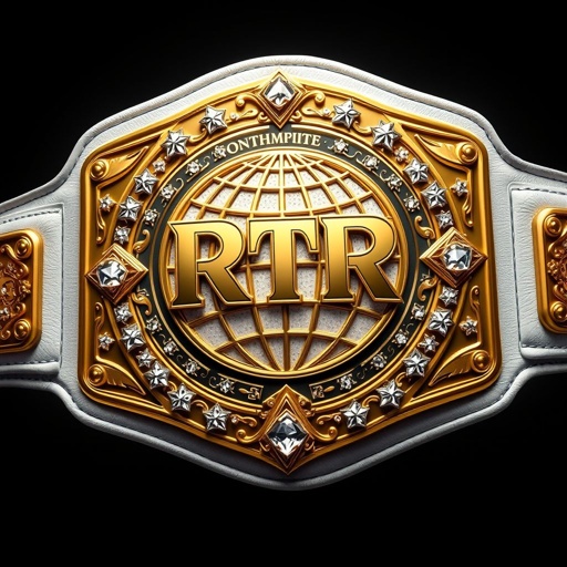 A stunning wrestling belt, representing the RTR Outercontinental Champion. Luxurious leather with a pristine white strap, featuring a bold rectangular gold plate. Intricate globe champion design adorned with sparkling crystal gemstones. Extra-large size emphasizes grandeur, while elegant star crests and symbols elevate the overall aesthetic. Realistic art style captures every detail.