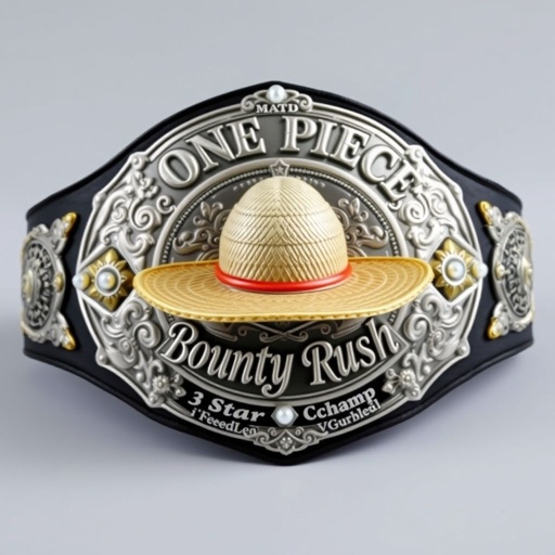 A magnificent wrestling belt, crafted from high-quality vinyl, showcases a striking straw hat at its center, inspired by "One Piece." Above the hat, bold lettering reads "One Piece Bounty Rush." Below, intricate lettering states "3 Star VS Champ iFeedYouLead." The design features a shimmering silver plate, ornate engraved patterns, and embedded pearl gemstones, with a dramatic black strap, complemented by star crests and symbolic motifs, encapsulating the essence of legendary champions.