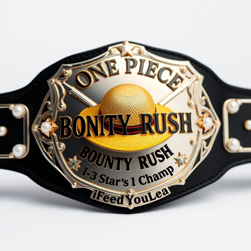 A lavish wrestling belt, featuring a striking shield plate shape, black strap material, and silver plate color. In the center, a vibrant straw hat, emblematic of “One Piece.” Above, bold text “One Piece Bounty Rush,” below, “3 Star 1 vs 1 Champ iFeedYouLead.” Adorned with pearl gemstones and star crests, luxurious and realistic.