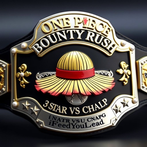 A grand wrestling belt, bold and striking, features a central straw hat from "One Piece," iconic and vibrant. Above, the words “One Piece Bounty Rush” in elegant lettering. Below, “3 Star VS Champ iFeedYouLead.” Crafted from vinyl, a black strap, silver engraved plates, adorned with pearl gemstones and star crests, luxurious and powerful.