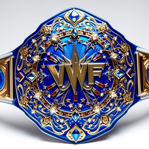 A magnificent wrestling belt, VWF Universal World Championship. Grand blue plates glisten against a pristine white leather strap. Intricate, ornate engravings dance across the blue metal. Multicolored gems—blue, red, white, yellow—sparkle in a brilliant display. Fields of white stars create a celestial backdrop. Iconic side plates; shining royal accents emphasize luxury.