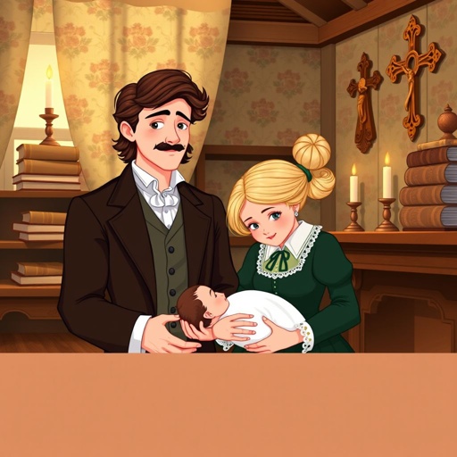 Horizontal image, 2:1 ratio for a children's book double-page spread, centered blank space for the fold. Dimensions 12 inches by 9 inches tall. 

A Victorian English house interior, 1832. Young couple: tall man with wavy brown hair, dark brown suit, mustache; woman with blonde hair in an elegant bun, dark green dress with white collar. Newly born baby swaddled in a white blanket. Rich wooden furniture, floral curtain, soft golden light, candles, stacked books, wooden cross decorating the wall. Warm, loving expressions.