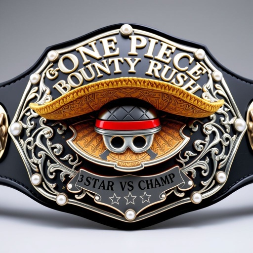 A striking wrestling belt, featuring a central straw hat inspired by "One Piece," adorned with intricate engravings. Above the hat, the words “One Piece Bounty Rush” elegantly displayed in bold. Below, “3 Star VS Champ iFeedYouLead,” emblazoned with star crests. A glossy black strap, silver shield plate, and pearl gemstones enhance grandeur.