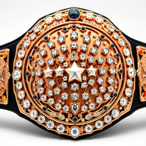 A grand wrestling belt gleaming with luxurious rose gold plates, intricately shaped and adorned with sparkling diamond gemstones. Multicolored gems in blue, red, white, and yellow embellish the design, highlighting a field of white stars across the upper main plate. Black leather strap, adorned side plates featuring wrestling symbols. Imposing size, regal presence.